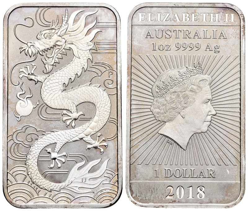 Australia. Elizabeth II. 1 dollar. 2018. (Km-612). Ag. 31,22 g. Year of the Drag...
