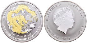 Australia. Elizabeth II. 1 dollar. 2012. Perth. P. (Km-1664.1). Ag. 31,11 g. Partial gold plated. Year of the Dragon. PR. Est...40,00.