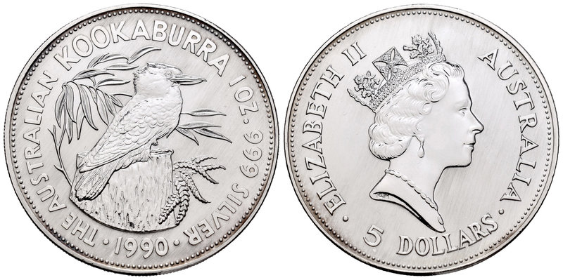 Australia. Elizabeth II. 5 dollar. 1990. (Km-189). Ag. 31,10 g. Kookaburra. PR. ...