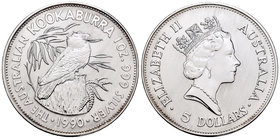 Australia. Elizabeth II. 5 dollar. 1990. (Km-189). Ag. 31,10 g. Kookaburra. PR. Est...25,00.