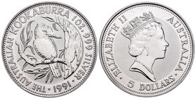 Australia. Elizabeth II. 5 dollar. 1991. (Km-138). Ag. 31,10 g. Kookaburra. PR. Est...25,00.