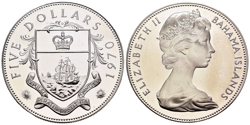 Bahamas. Elizabeth II. 5 dollars. 1970. (Km-10). Ag. 42,12 g. PR. Est...40,00.