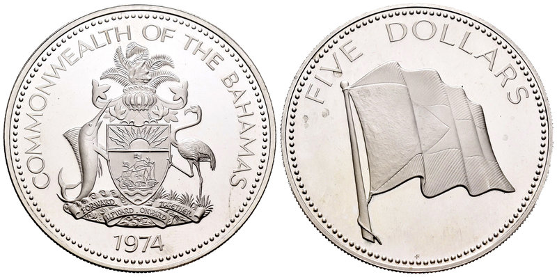 Bahamas. Elizabeth II. 5 dollars. 1974. (Km-67a). Ag. 43,12 g. National Flag. PR...
