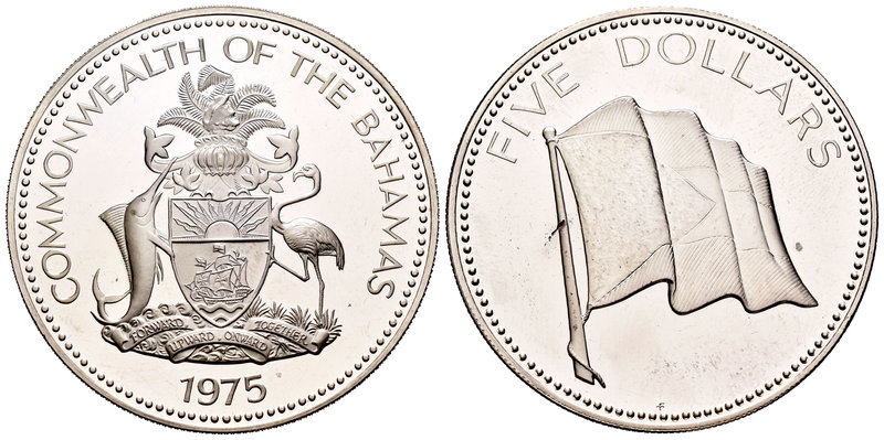 Bahamas. Elizabeth II. 5 dollars. 1975. FM. (Km-33). Ag. 42,12 g. Commonwealth. ...