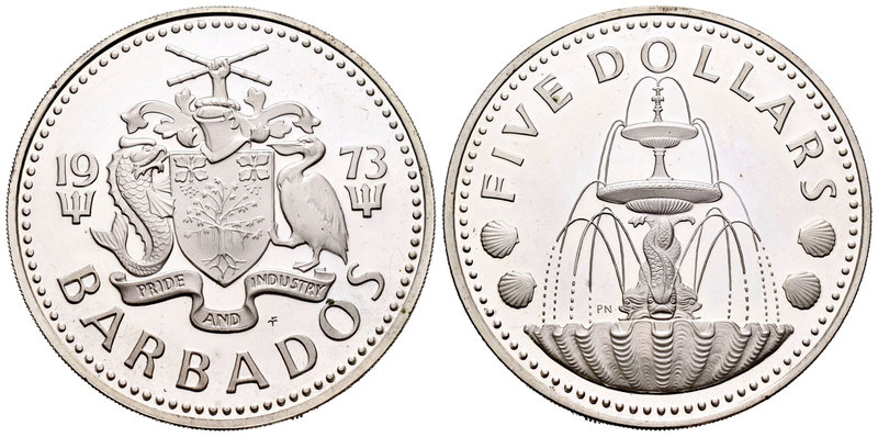 Barbados. 5 dollars. 1973. (Km-16a). Ag. 31,10 g. Trafalgar Square of Bridgetown...