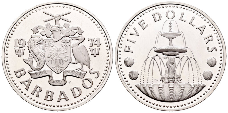 Barbados. 5 dollars. 1974. (Km-16a). Ag. 31,10 g. Trafalgar Square of Bridgetown...
