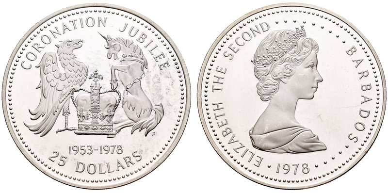 Barbados. 25 dollars. 1978. (Km-27). Ag. 28,28 g. 25º Anniversary of Coronation....