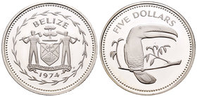 Belize. Elizabeth II. 5 dollars. 1974. FM. (Km-43a). Ag. 19,89 g. Guacamaya roja. PR. Est...20,00.
