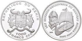 Benin. 1000 francos. 2001. Ag. 14,95 g. Leif Eriksson. PR. Est...18,00.