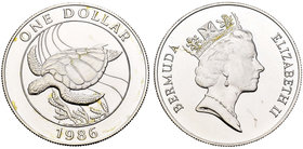 Bermuda. Elizabeth II. 1 dollar. 1986. (Km-49a). Ag. 28,02 g. Turtle. UNC. Est...25,00.