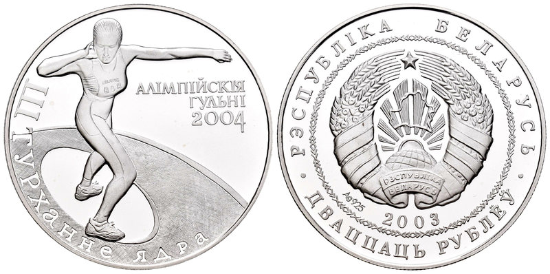Belarus. 20 rublos. 2003. (Km-149). Ag. 28,28 g. Olympic Games Atenas 2004. Shot...