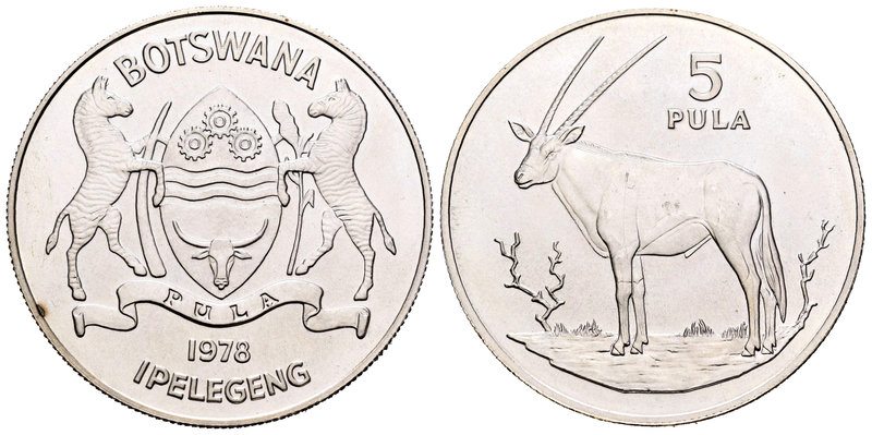 Botswana. 5 pula. 1978. (Km-11a). Ag. 28,50 g. Antelope. Tirada de 4.026 piezas....
