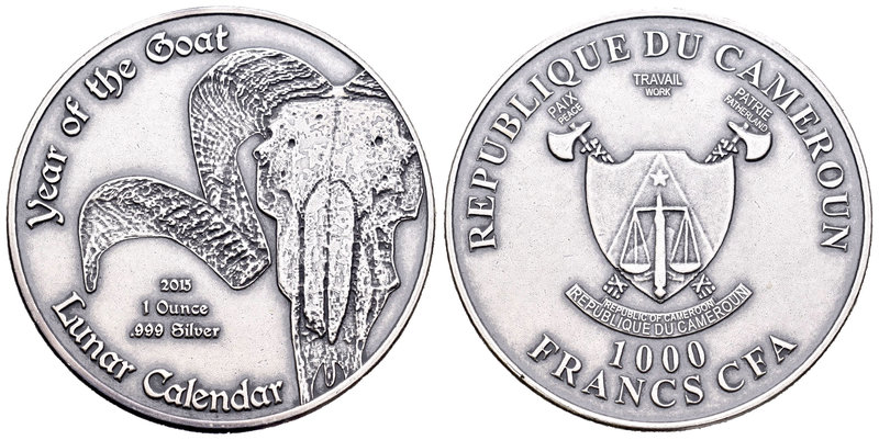 Cameroon. 1000 francos CFA. 2015. Ag. 31,11 g. Year of the Goat. Tirada de 888 p...