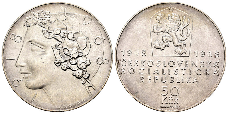 Czechoslovakia. 50 korun. 1968. (Km-65). Ag. 20,01 g. XX Anniversary. Pequeñas m...
