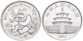 China. 10 yuan. 1991. (Km-386.1). Ag. 31,10 g. Panda. Escasa. UNC. Est...70,00.