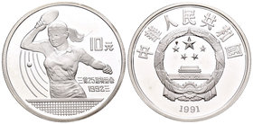 China. 10 yuan. 1991. (Km-299). Ag. 30,00 g. Olympic Games. Barcelona 1992. Ping-Pong. PR. Est...30,00.