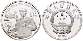 China. 10 yuan. 1990. (Km-305). Ag. 28,00 g. Thomas Alva Edison. PR. Est...40,00.