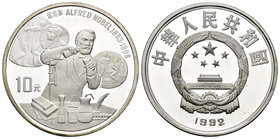 China. 10 yuan. 1992. (Km-444). Ag. 28,00 g. Alfred Nobel. PR. Est...40,00.