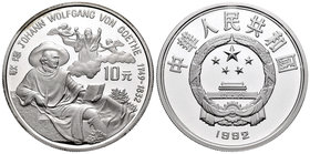 China. 10 yuan. 1992. (Km-442). Ag. 28,00 g. Van Goethe. PR. Est...40,00.