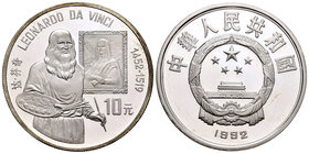 China. 10 yuan. 1992. (Km-441). Ag. 28,00 g. Leonardo da Vinci. PR. Est...40,00.