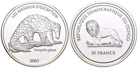 Congo. 10 francos. 2003. (Km-102). Ag. 24,91 g. Pangolín gigante. PR. Est...25,00.