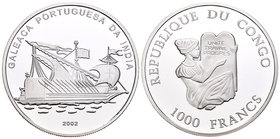Congo. 1000 francos. 2002. (Km-67). Ag. 19,91 g. Goleta portuguesa. Tirada de 2001 piezas. PR. Est...25,00.