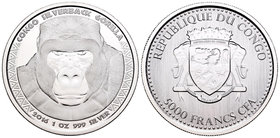 Congo. 5000 francos CFA. 2016. Ag. 31,11 g. Gorilla. PR. Est...30,00.