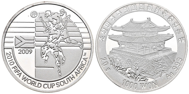 North Korea. 1000 won. 2009. (Km-1216). Ag. 20,00 g. Southafrica 2010. PR. Est.....