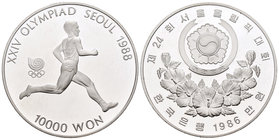 South Korea. 10.000 won. 1986. (Km-56). Ag. 33,62 g. Seul 1988. Atletismo. PR. Est...30,00.