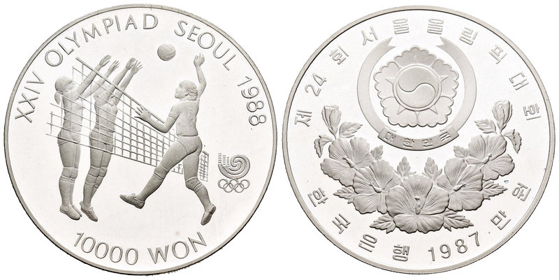 South Korea. 10.000 won. 1987. (Km-63). Ag. 33,62 g. Seul 1988. Volleyball. PR. ...