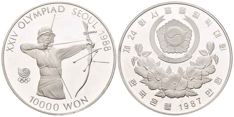 South Korea. 10.000 won. 1987. (Km-62). Ag. 33,62 g. Seul 1988. Archery. PR. Est...