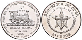Cuba. 10 pesos. 1987. (Km-205). Ag. 31,03 g. 150th Anniversary of the First Hispanic-American Railroad. PR. Est...35,00.