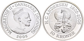Denmark. 10 kroner. 2005. (Km-906). Ag. 31,10 g. 200th Anniversary of H.C. Andersen. PR. Est...25,00.