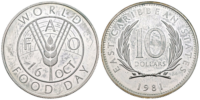 East Caribean States. Elizabeth II. 10 dollars. 1981. (Km-16a). Ag. 28,01 g. FAO...