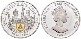 Caribbean States. Elizabeth II. 10 dollars. 1997. (Km-32). Ag. 28,50 g. Weeding of Elizabeth and Philip. Partial gold plated. PR. Est...35,00.