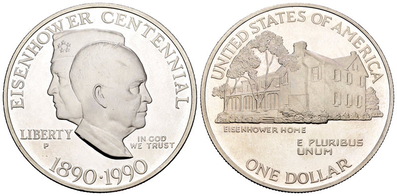 United States. 1 dollar. 1990. (Km-227). Ag. 27,01 g. Eisenhower centennial. PR....
