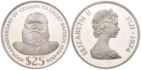 Fiji. Elizabeth II. 25 dollars. 1974. (Km-34). Ag. 40,60 g. 100th Anniversary of Cession to Great Britain. PR. Est...50,00.