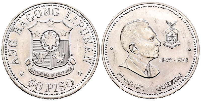 Philippines. 50 piso. 1978. (Km-222). Ag. 27,81 g. Centenary of Manuel L. Quezón...