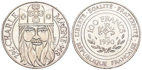 France. 100 francos. 1990. (Km-982). Ag. 14,99 g. Carlo Magno. UNC. Est...20,00.