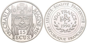 France. 100 francos. 1990. (Km-no cita). Ag. 22,15 g. Carlo Magno. 15 Ecus. PR. Est...25,00.