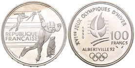 France. 100 francos. 1990. (Km-980). Ag. 22,26 g. Winter Olympic Games. Albertville 1992. PR. Est...25,00.