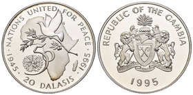 Gambia. 20 dalasis. 1995. (Km-37a). Ag. 28,28 g. 50th Anniversary of the United of Peace. PR. Est...30,00.