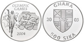 Ghana. 500 sika. 2003. (Km-no cita). Ag. 38,60 g. Athens Olympic Games 2004. PR. Est...30,00.