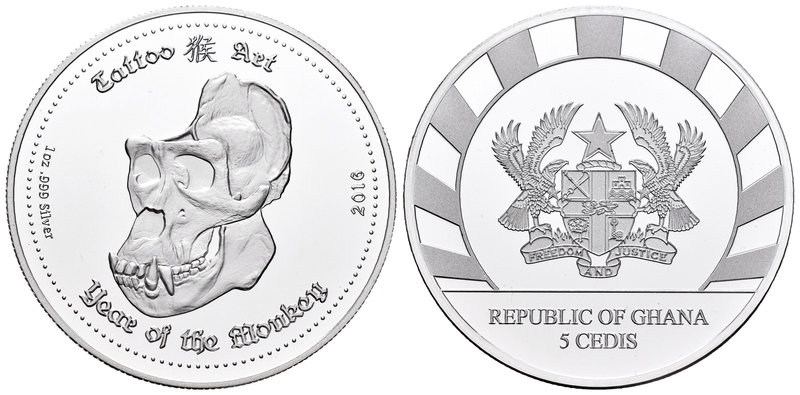 Ghana. 5 cedis. 2016. (Km-no cita). Ag. 31,11 g. Tatoo Art. Year of the Monekey....
