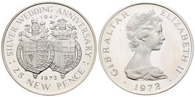 Gibraltar. Elizabeth II. 25 new pence. 1972. (Km-6a). Ag. 28,28 g. Royal Silver Weeding. PR. Est...25,00.
