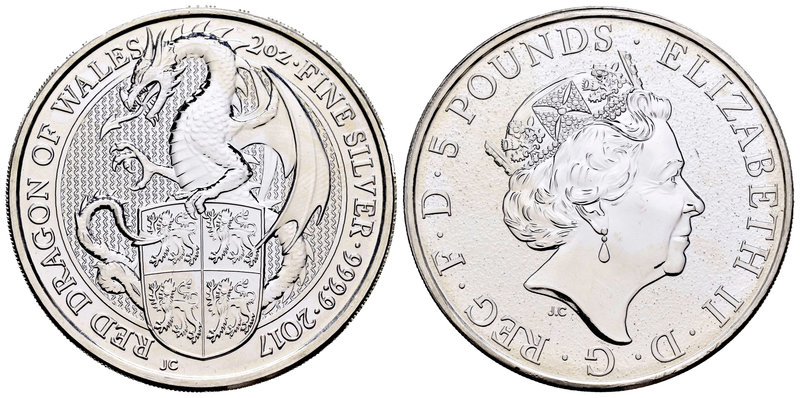 United Kingdom. Elizabeth II. 5 libras. 2017. Ag. 62,19 g. Dragon of Wales. PR. ...