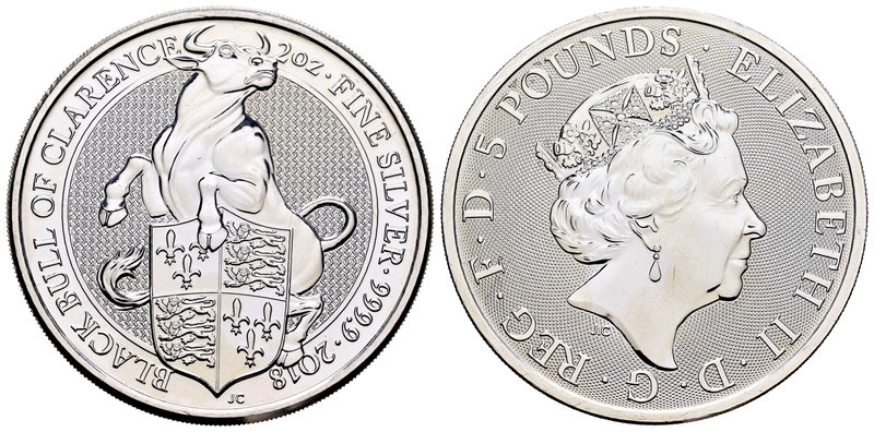 United Kingdom. Elizabeth II. 5 libras. 2018. Ag. 62,22 g. Black Bull of Clarenc...
