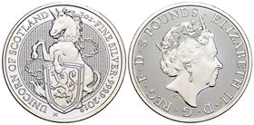 United Kingdom. Elizabeth II. 5 libras. 2018. Ag. 62,26 g. Unicorn of Scotland. PR. Est...60,00.