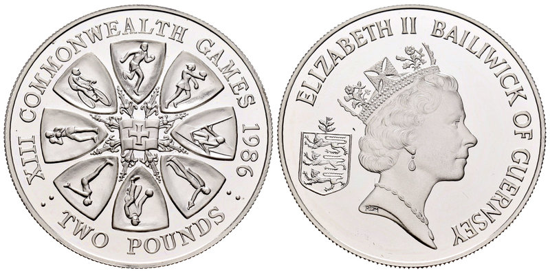 Guernsey. Elizabeth II. 2 libras. 1986. (Km-49a). Ag. 28,28 g. XIII Games of Com...