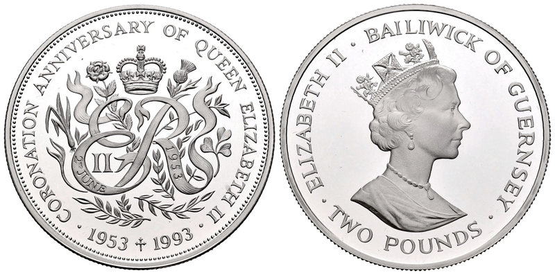 Guernsey. Elizabeth II. 2 libras. 1986. (Km-55a). Ag. 28,28 g. 40th Anniversary ...